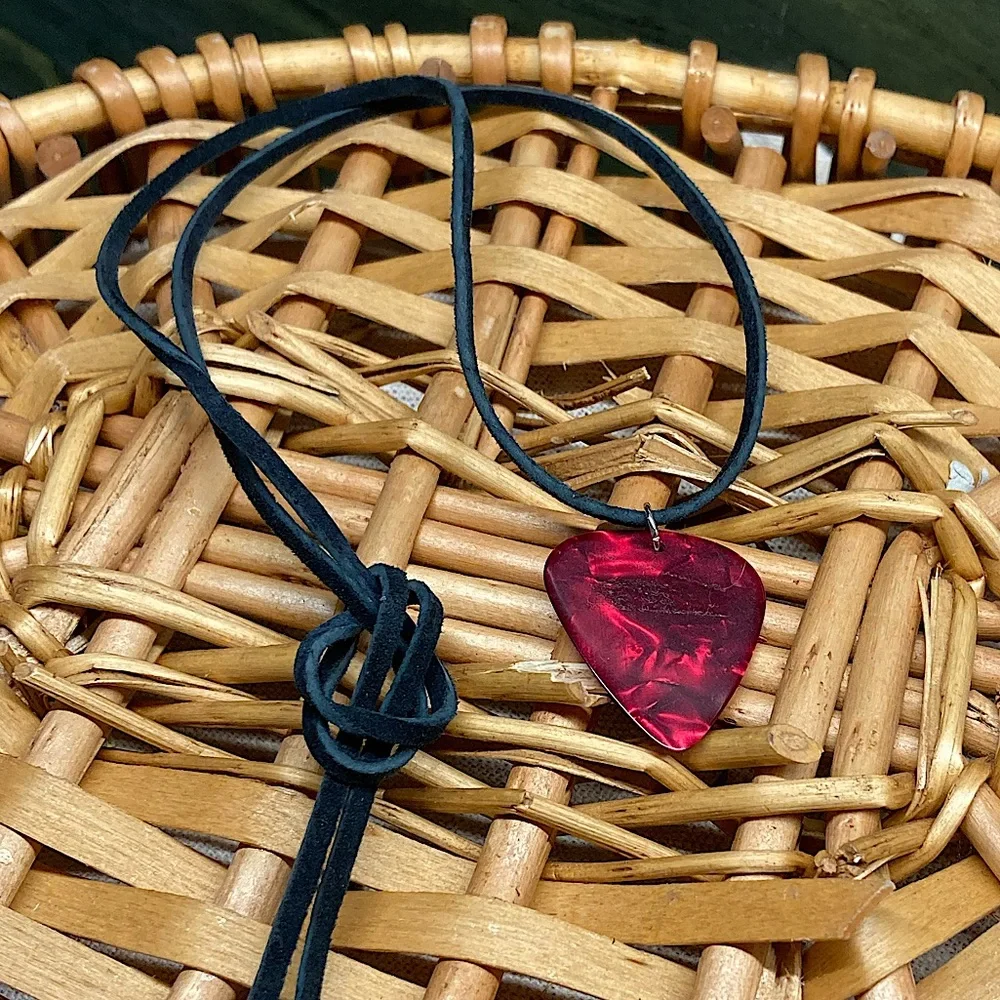 Red Guitar Pick Necklace Suede Cord Pearlescent Unisex New
